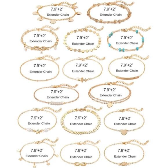 16Pcs Ankle Bracelets for Women Gold Silver TwoStyle Chain Beach Anklet Bracelet - Picture 7 of 8